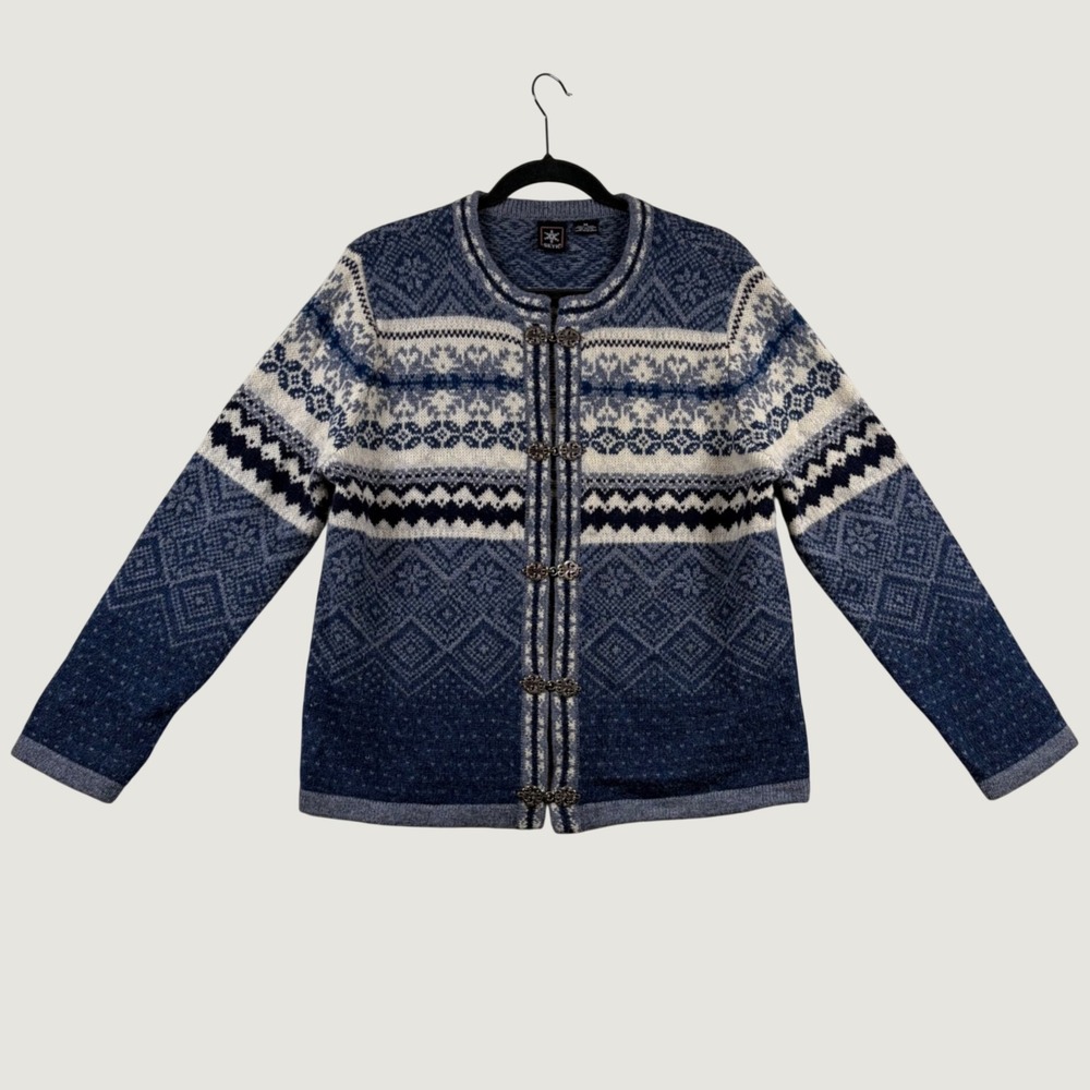 Skyr Womens M Blue Wool Nordic Fair Isle Cardigan Sweater Scandinavian Cottage